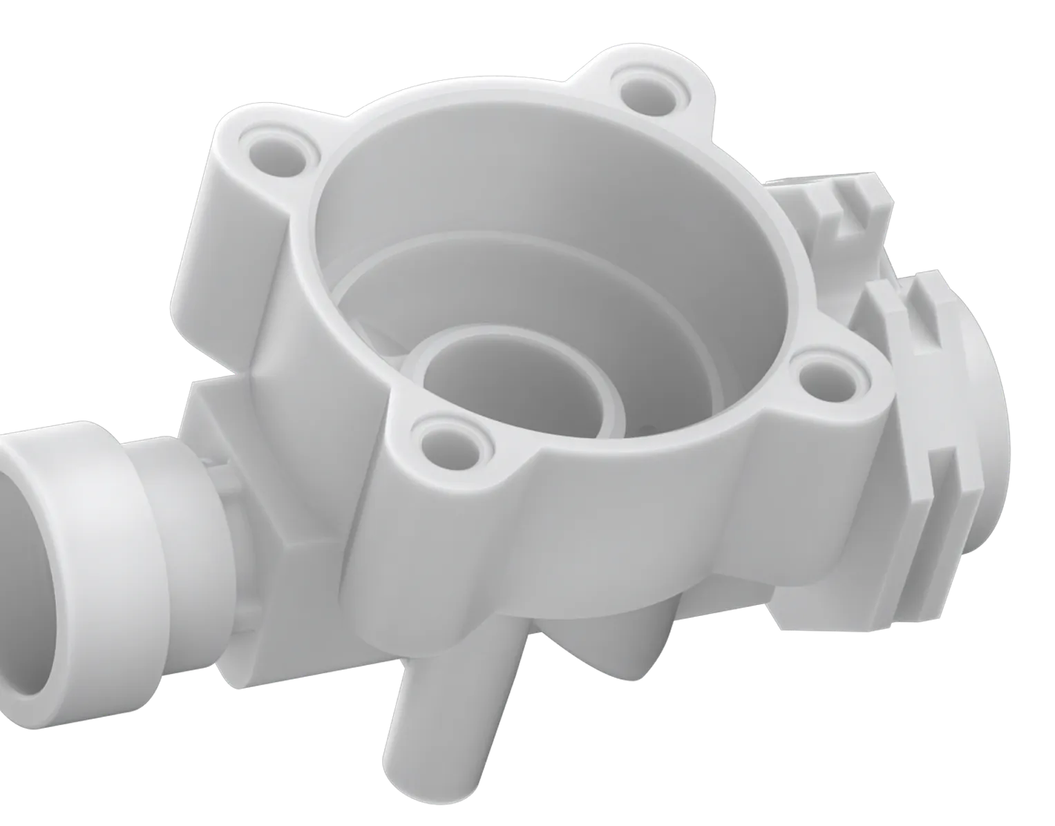 White injection-moulded housing: cylindrical seat with a central hub, four drilled fixing eyes, a side spigot and a ribbed coupling on the flank.